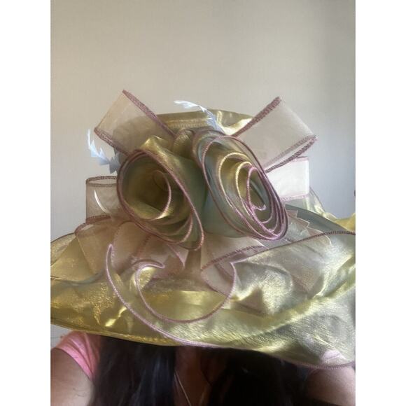Beautiful Satin Kentucky Derby hat Church Gold Hat Fancy Formal Flower - Picture 8 of 9